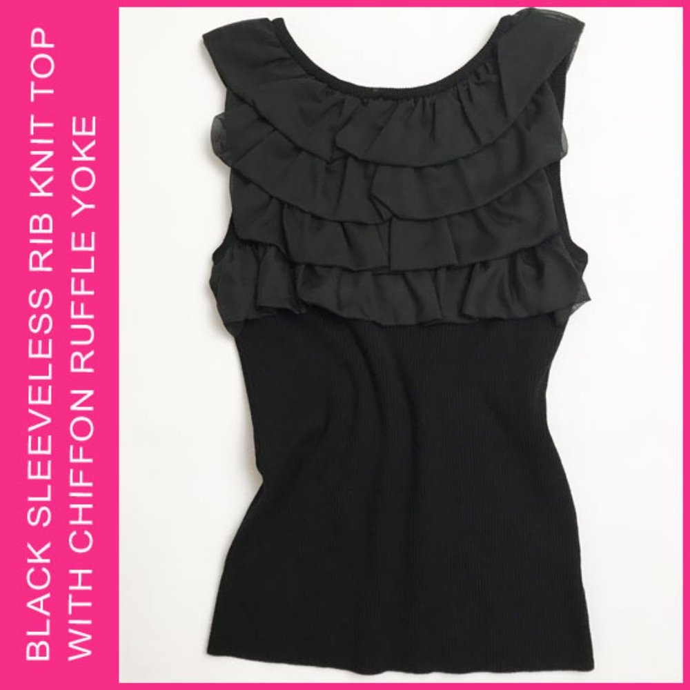 NWT Black Sleeveless Rib Knit Top With Chiffon Ruffle Yoke Size M